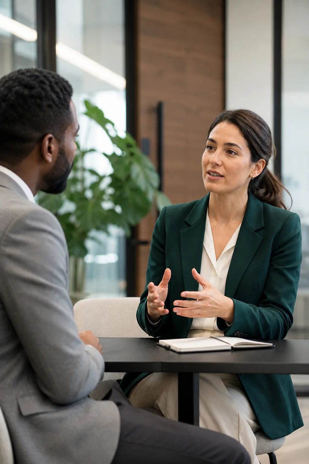 Dos profesionales conversando durante una entrevista laboral
