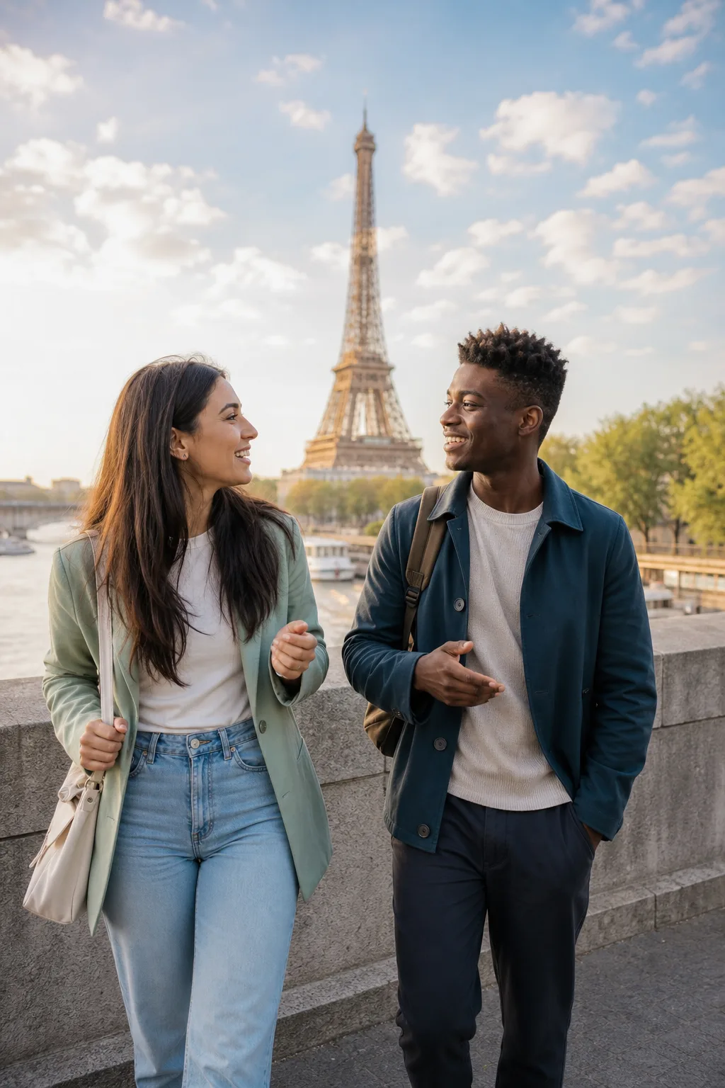 Dos personas conversando en París frente a la Torre Eiffel